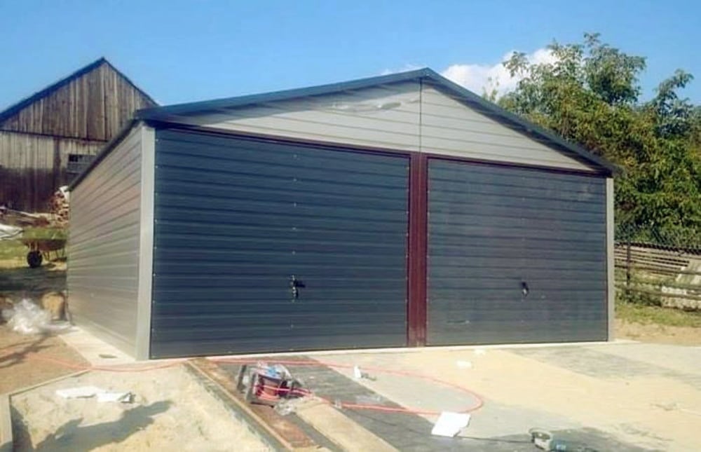 Plechová montovaná garáž 6×6 - šedá/modrá