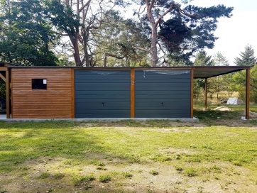 Plechová garáž 11,5×5,5m – Zlatý dub světlý/ grafit tmavý