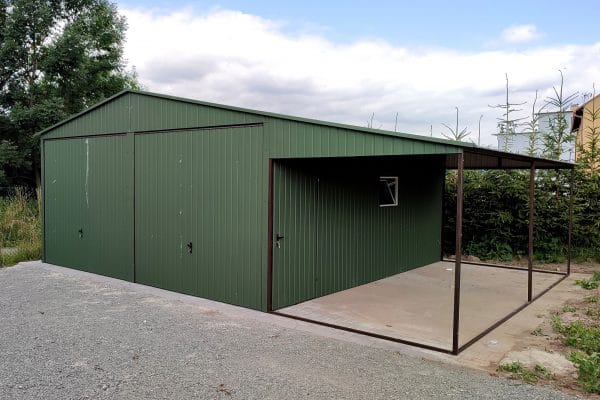 Garaj din tablă 6x6 m –streașină 2,5×6 m – verde închis mat