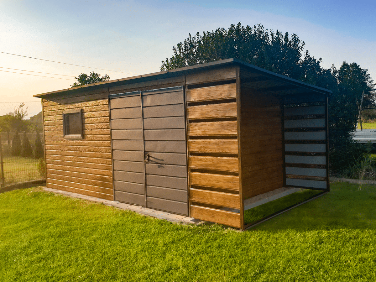 Căsuță de grădină 5×3 m + streașină 1x3 m – Stejar auriu întunecat/grafit inchis mat